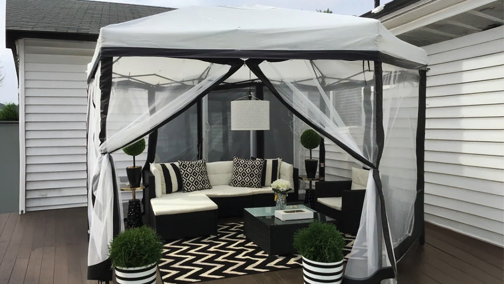 SUNJOY Merriam Wall Mounted Gazebo, Black Aluminum & Metal Frame Lean to Gazebo with Curtains and Netting