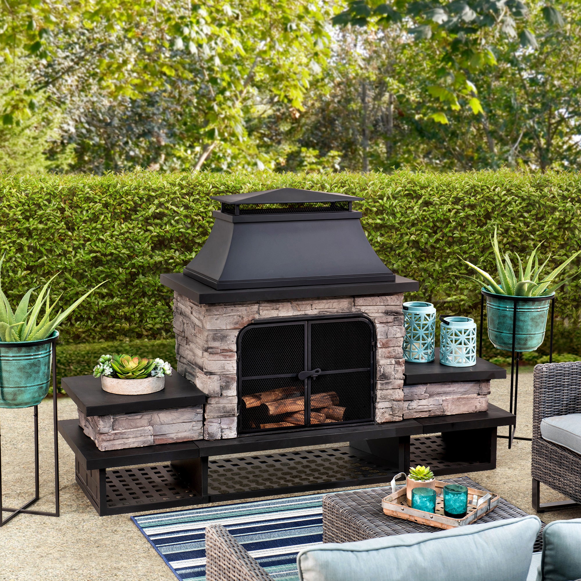 Cheminée à bois en pierre SUNJOY de 48 pouces avec tisonnier et grille amovible - Noir