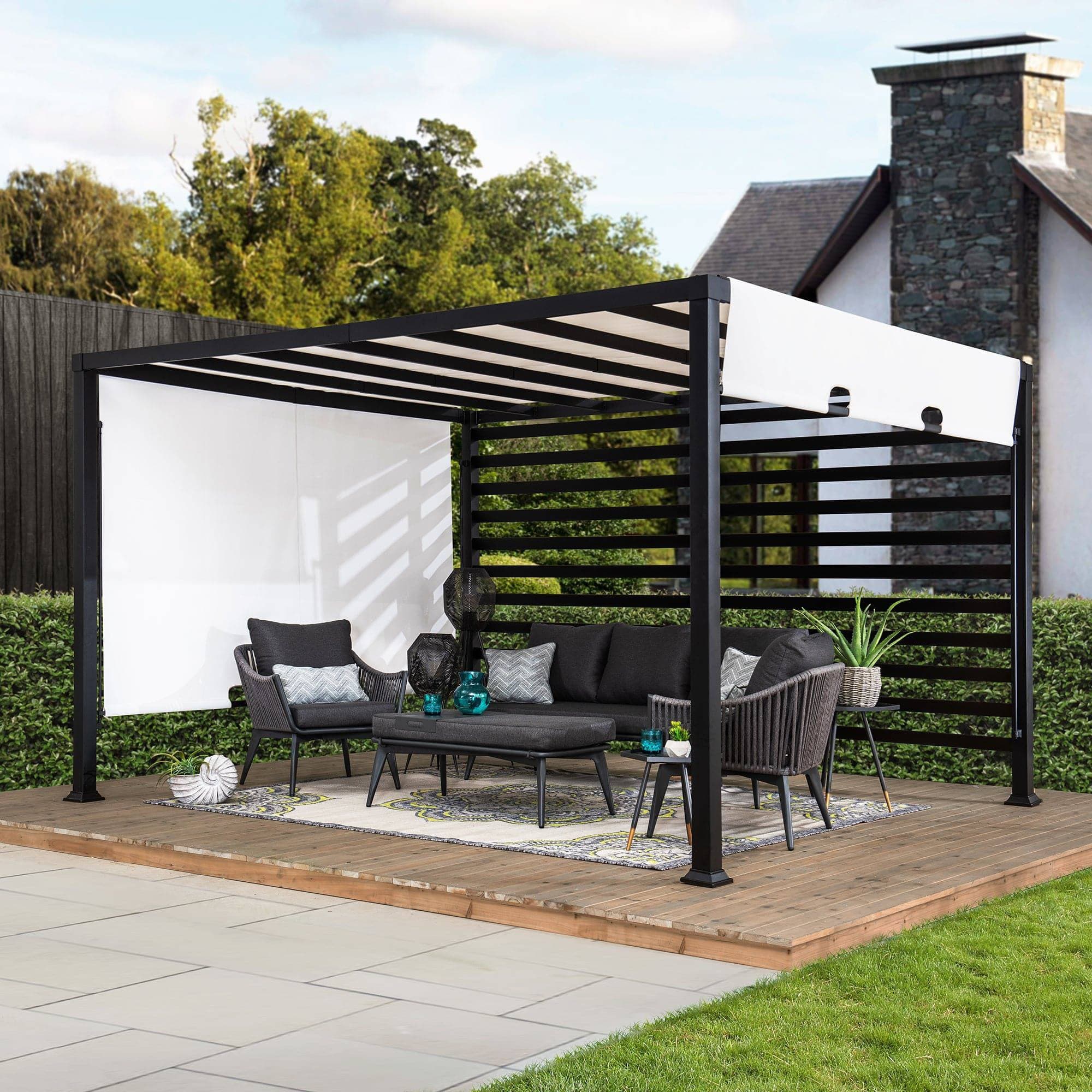 SUNJOY 10x12 Steel Pergola Kit with White Adjustable Canopy.