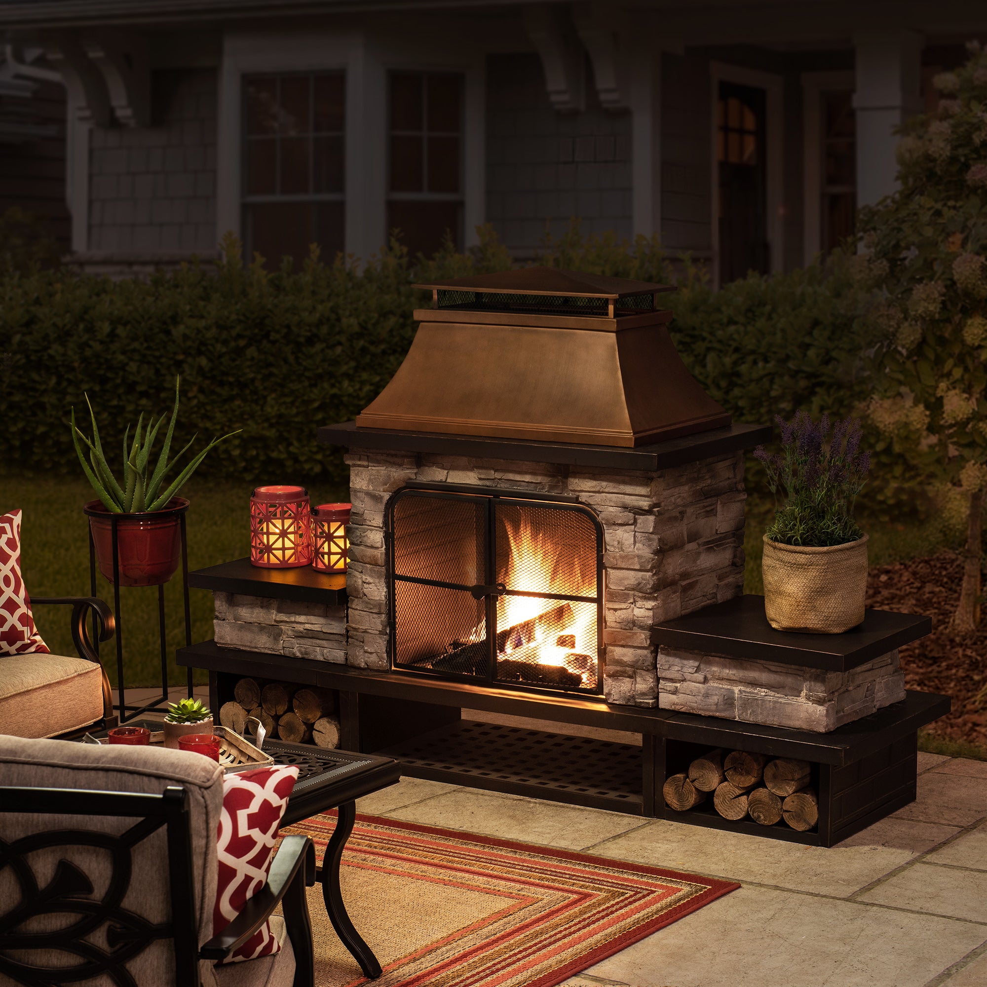 SUNJOY 48 Inch Wood Burning Stone Fireplace with Fire Poker and Removable Grate