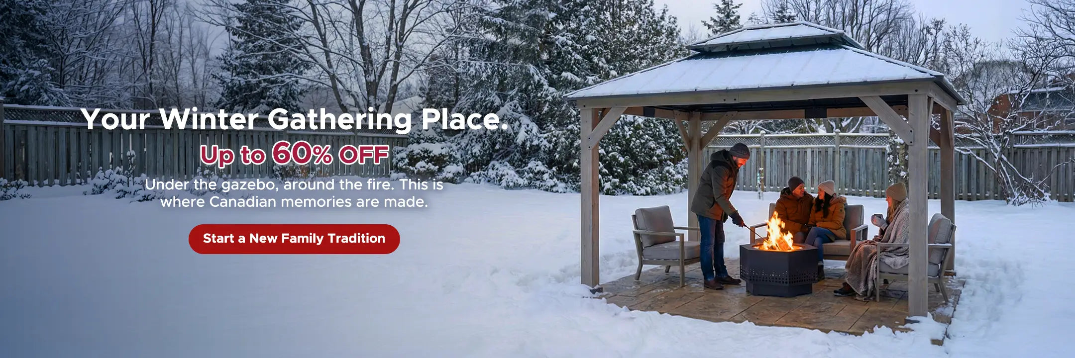 Winter-Proof Outdoor Sale: A family enjoys the warm moments brought by the fire pit outdoors under the gazebo