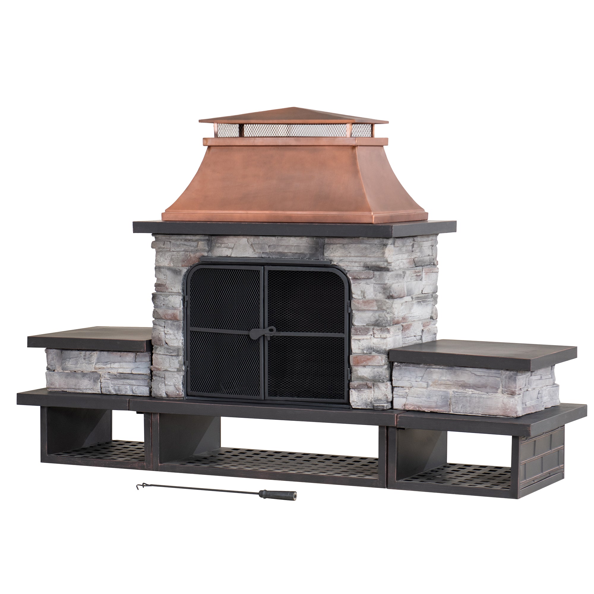 SUNJOY 48 Inch Wood Burning Stone Fireplace with Fire Poker and Removable Grate - Copper
