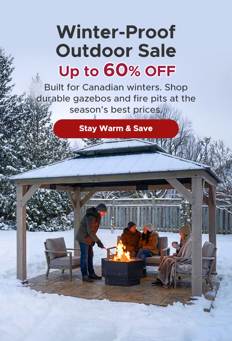 Winter-Proof Outdoor Sale: A family enjoys the warm moments brought by the fire pit outdoors under the gazebo
