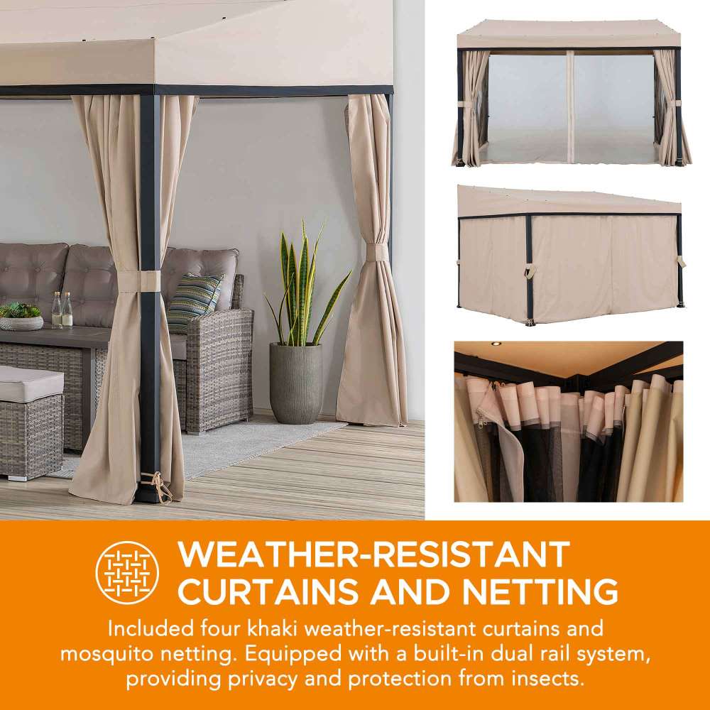 SUNJOY Merriam Wall Mounted Gazebo, Black Aluminum & Metal Frame Lean to Gazebo with Curtains and Netting