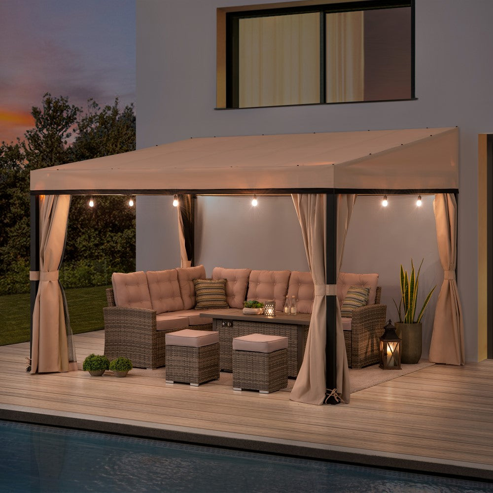 SUNJOY Merriam Wall Mounted Gazebo, Black Aluminum & Metal Frame Lean to Gazebo with Curtains and Netting