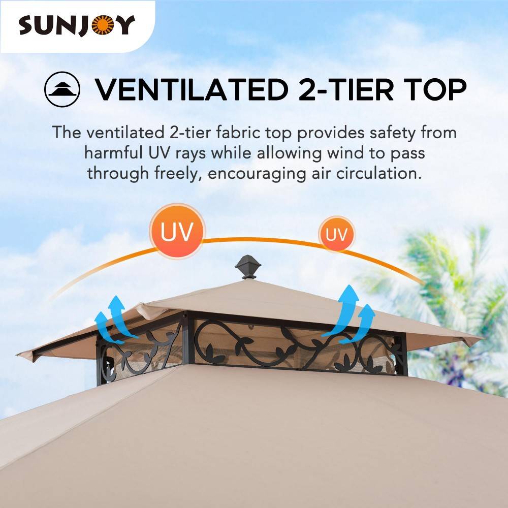 SUNJOY 10x12 ft. Steel Frame Gazebo Outdoor Patio 2-tier Soft Top Gazebo with Decorative Vine, Netting, Curtains, and Ceiling Hook