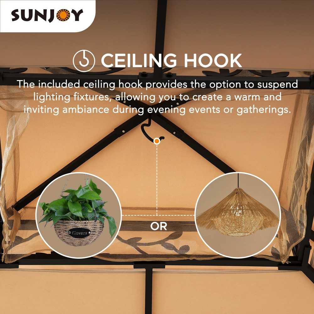 SUNJOY 10x12 ft. Steel Frame Gazebo Outdoor Patio 2-tier Soft Top Gazebo with Decorative Vine, Netting, Curtains, and Ceiling Hook