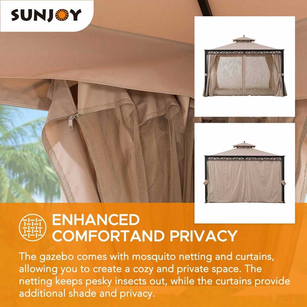 SUNJOY 10x12 ft. Steel Frame Gazebo Outdoor Patio 2-tier Soft Top Gazebo with Decorative Vine, Netting, Curtains, and Ceiling Hook