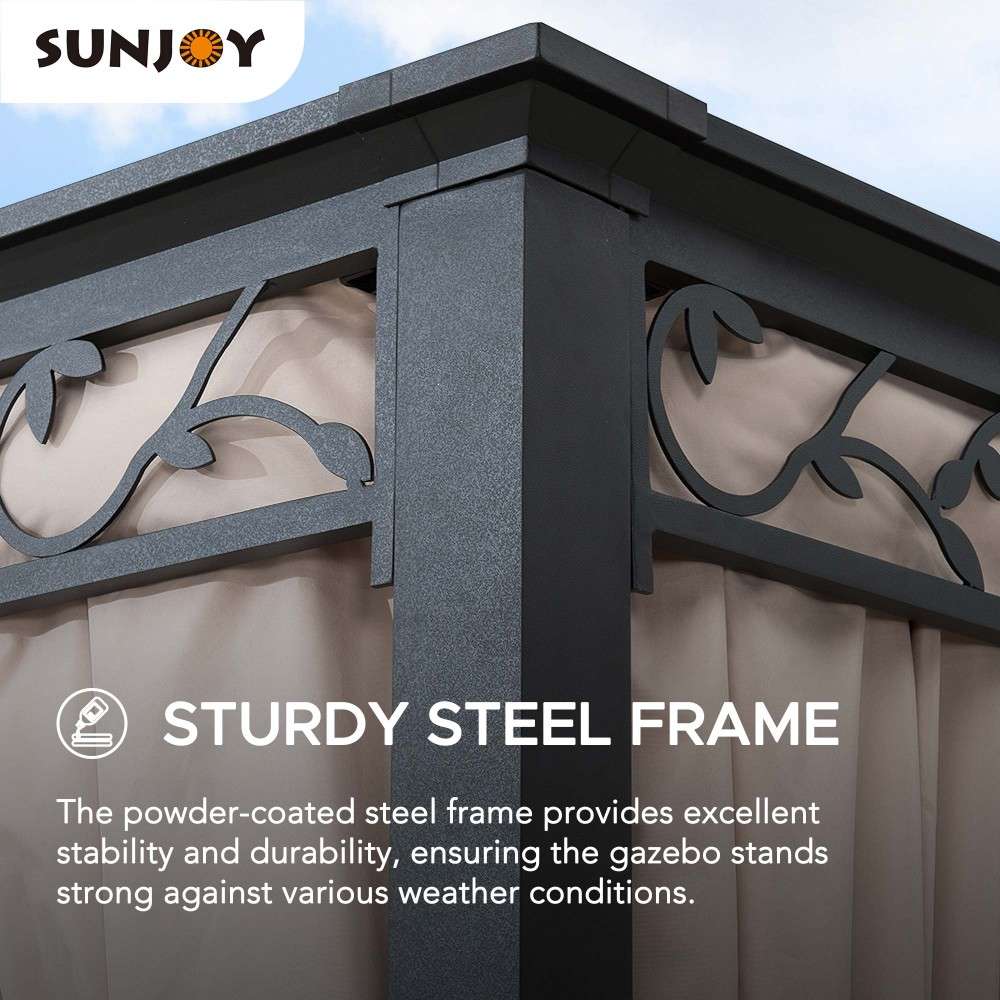 SUNJOY 10x12 ft. Steel Frame Gazebo Outdoor Patio 2-tier Soft Top Gazebo with Decorative Vine, Netting, Curtains, and Ceiling Hook