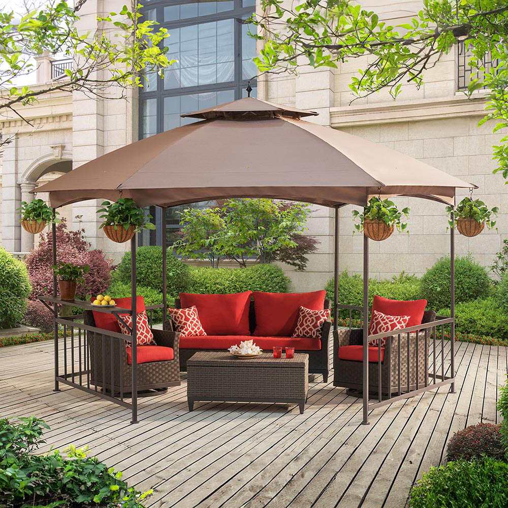 SUNJOY 11x13 Brown 2-Tier Steel Hexagon Soft Top Gazebo with Shelf and Ceiling Hook