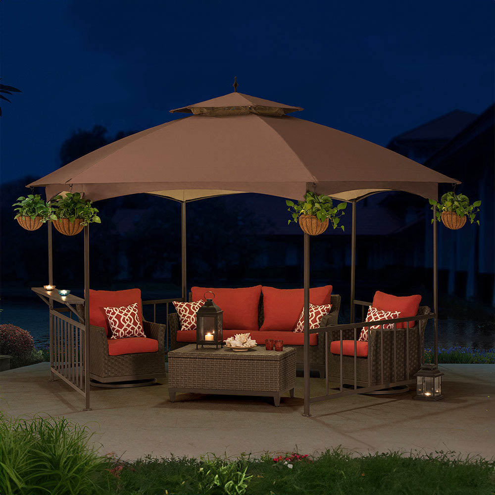 SUNJOY 11x13 Brown 2-Tier Steel Hexagon Soft Top Gazebo with Shelf and Ceiling Hook