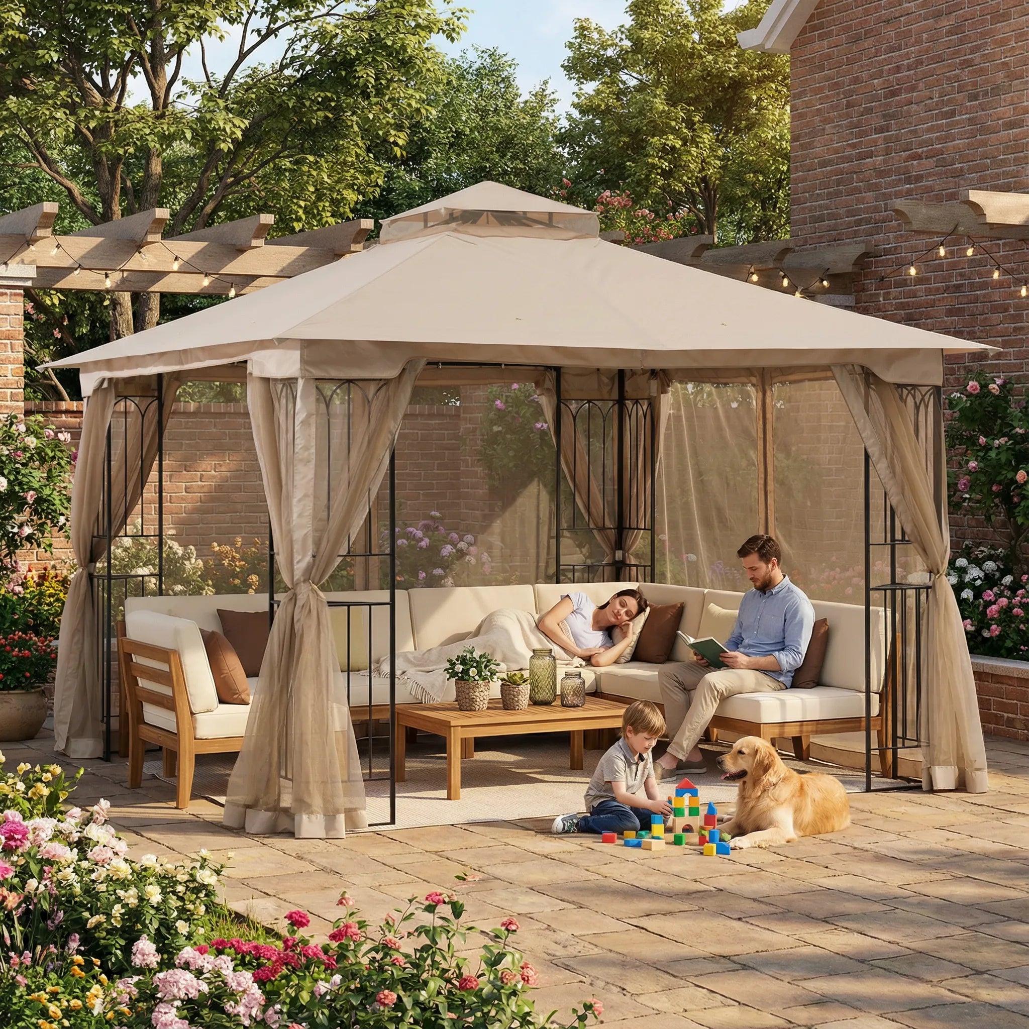 SUNJOY 11x11 Soft Top Patio Gazebo, Steel Gazebo with 2-Tier Khaki Canopy, Netting and Shelves