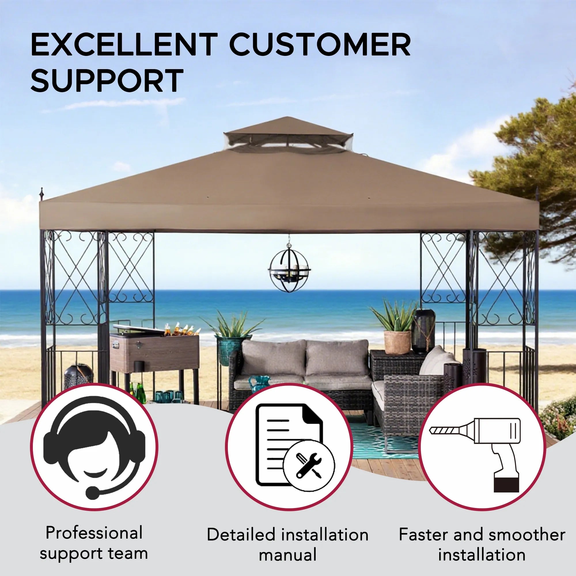 SUNJOY Outdoor Patio 10x12 Khaki 2-Tier Steel Backyard Soft Top Gazebo with Ceiling Hook