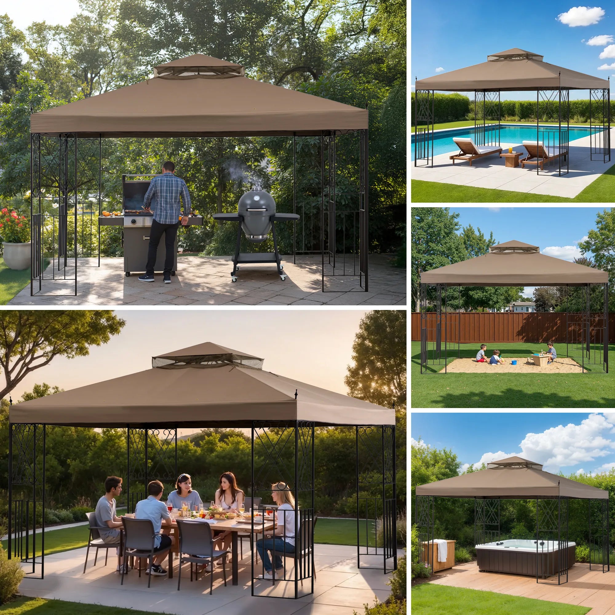 SUNJOY Outdoor Patio 10x12 Khaki 2-Tier Steel Backyard Soft Top Gazebo with Ceiling Hook