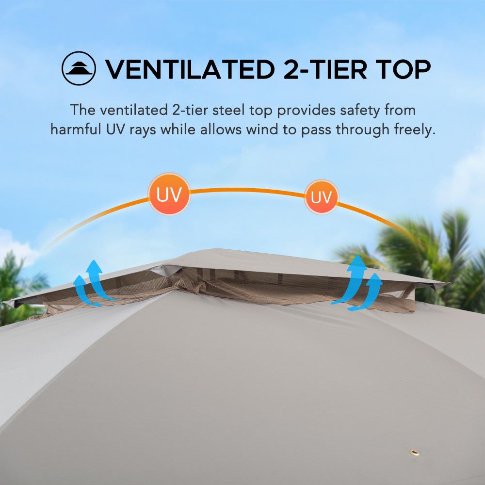 SUNJOY 11x13 Soft Top Gazebo Outdoor Steel Frame Patio Gazebo with 2-Tier Canopy, Netting, Curtains and Hook