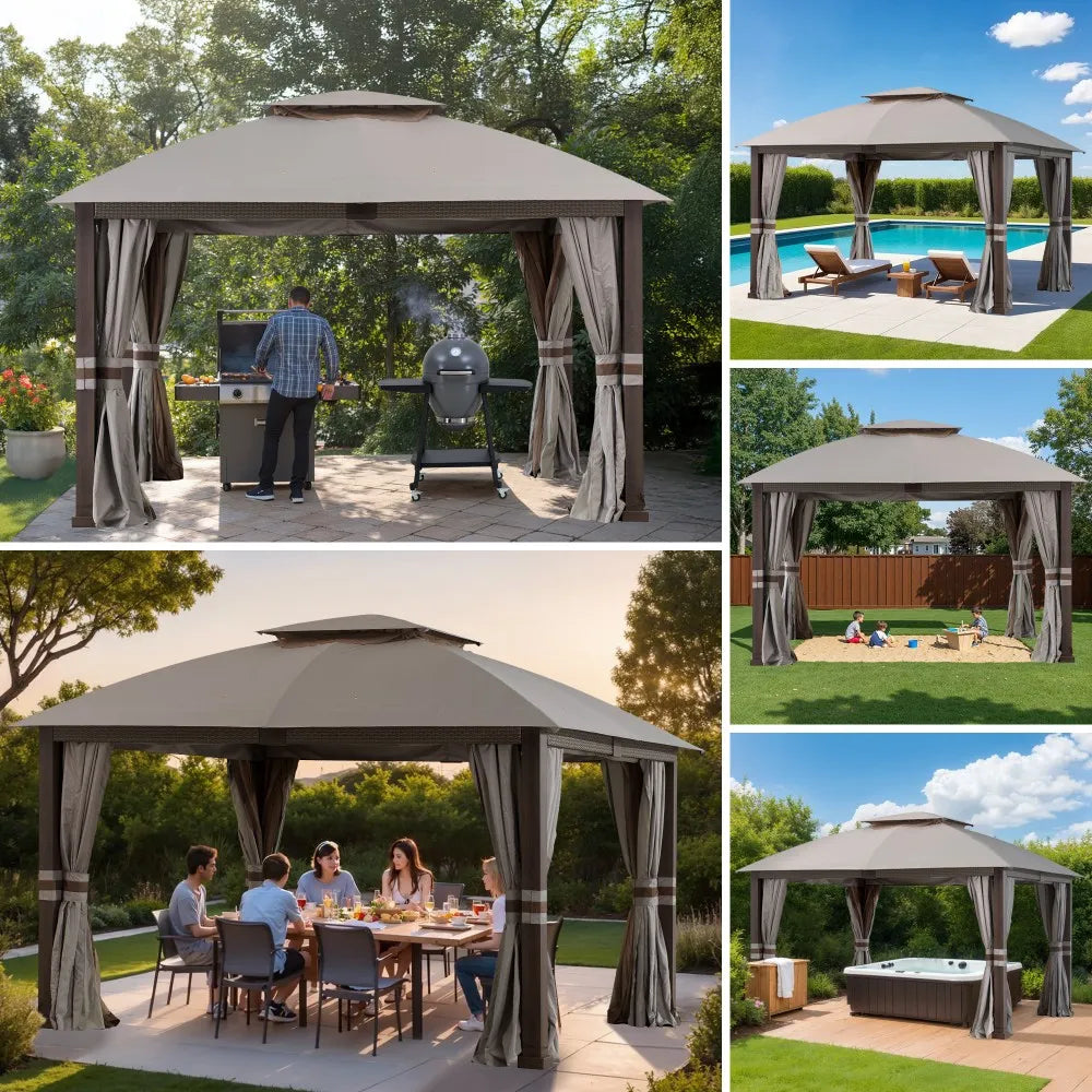 SUNJOY 11x13 Soft Top Gazebo with 2-Tier Canopy, Netting, Curtains and Hook