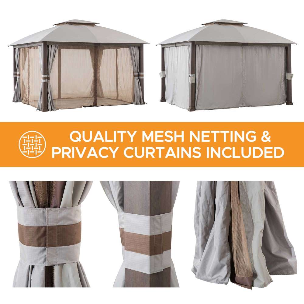 SUNJOY 11x13 Soft Top Gazebo Outdoor Steel Frame Patio Gazebo with 2-Tier Canopy, Netting, Curtains and Hook