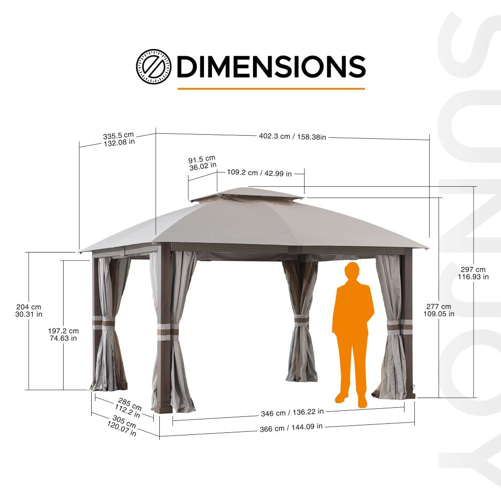 SUNJOY 11x13 Soft Top Gazebo Outdoor Steel Frame Patio Gazebo with 2-Tier Canopy, Netting, Curtains and Hook