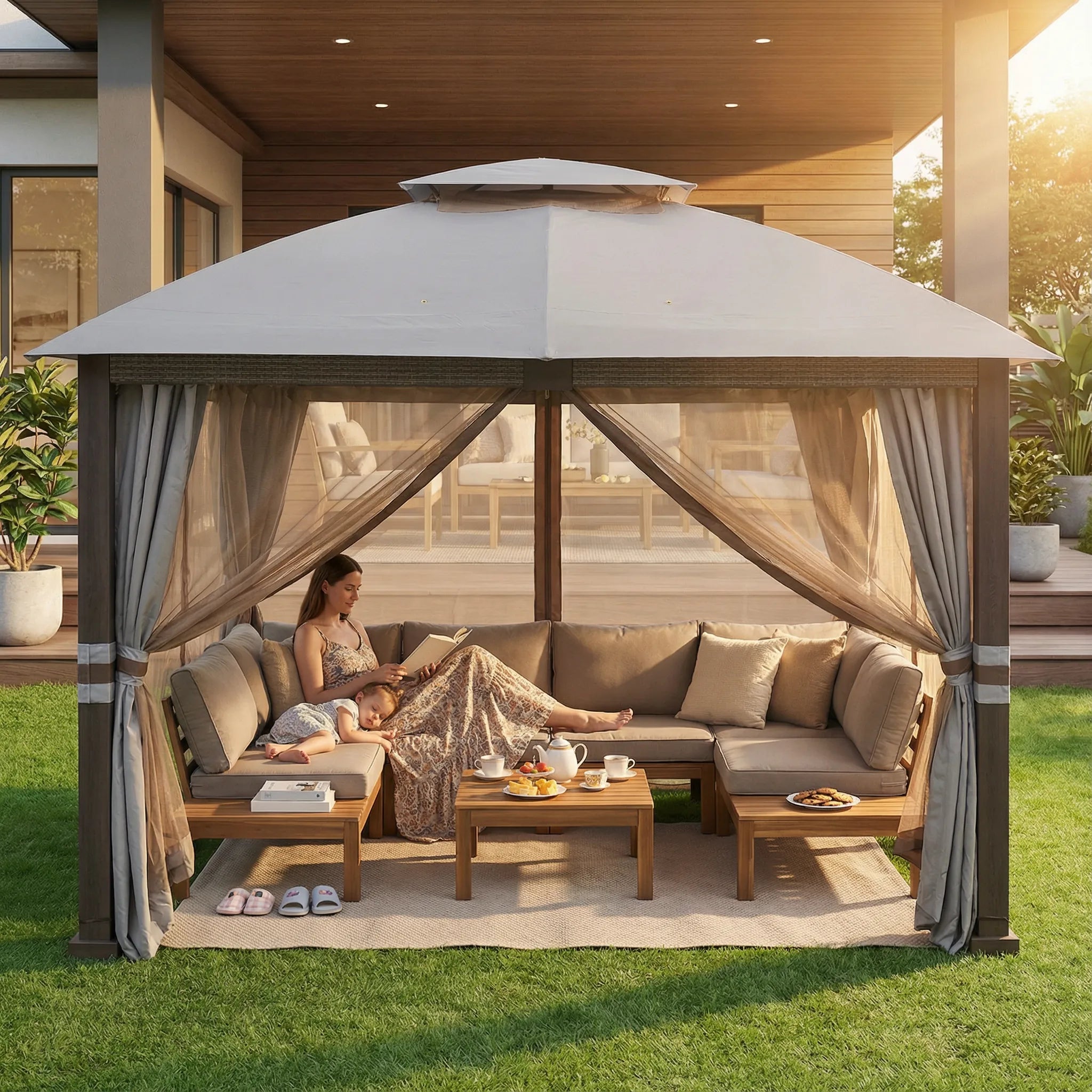 SUNJOY 11x13 Soft Top Gazebo with 2-Tier Canopy, Netting, Curtains and Hook - Light Gray