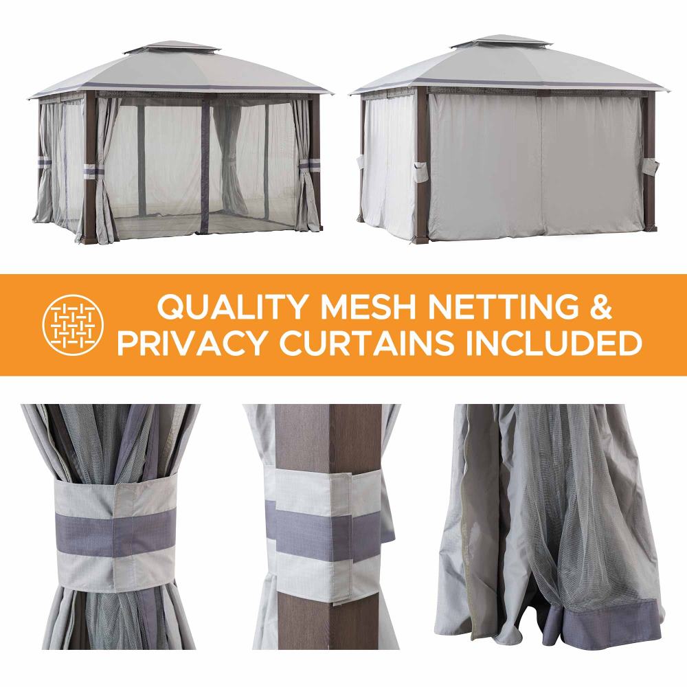 SUNJOY 11x13 Soft Top Gazebo Outdoor Steel Frame Patio Gazebo with 2-Tier Canopy, Netting, Curtains and Hook