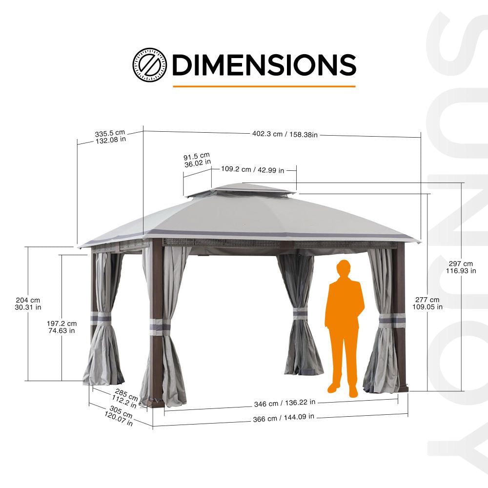 SUNJOY 11x13 Soft Top Gazebo Outdoor Steel Frame Patio Gazebo with 2-Tier Canopy, Netting, Curtains and Hook