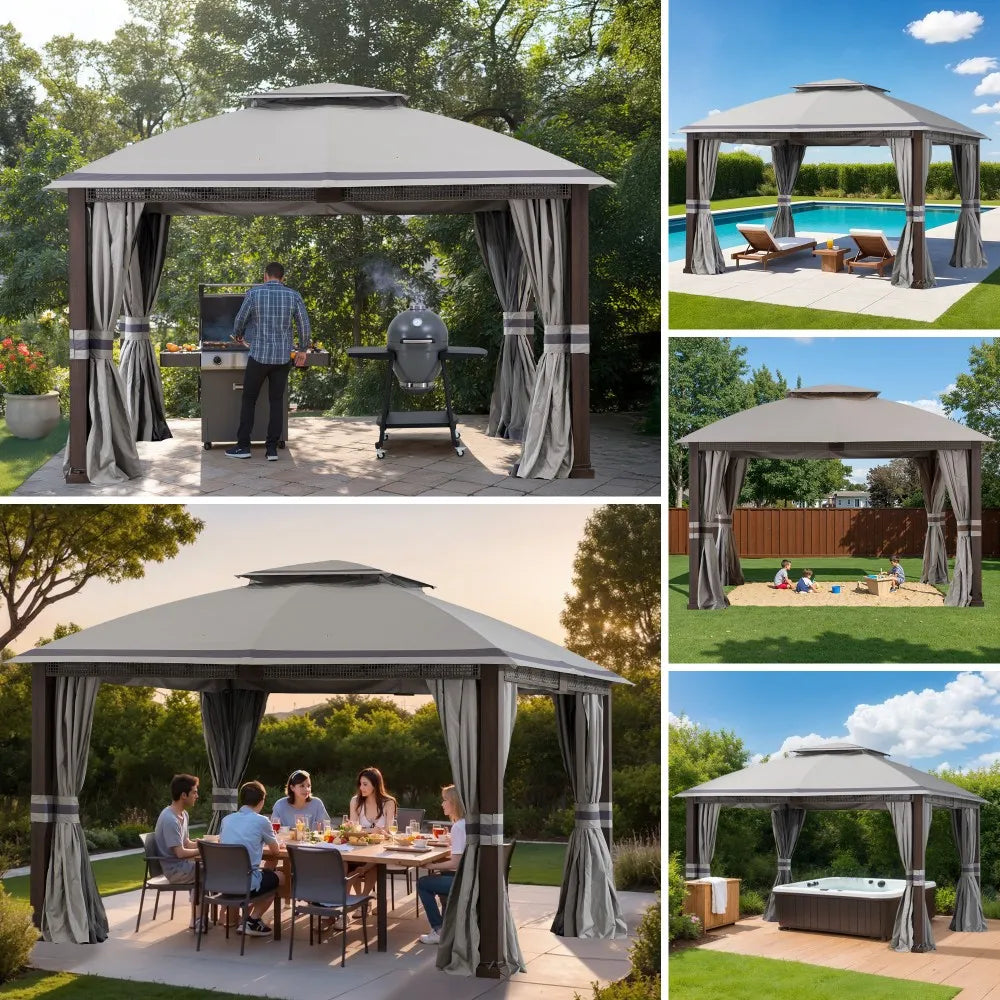 SUNJOY 11x13 Soft Top Gazebo with 2-Tier Canopy, Netting, Curtains and Hook - Gray