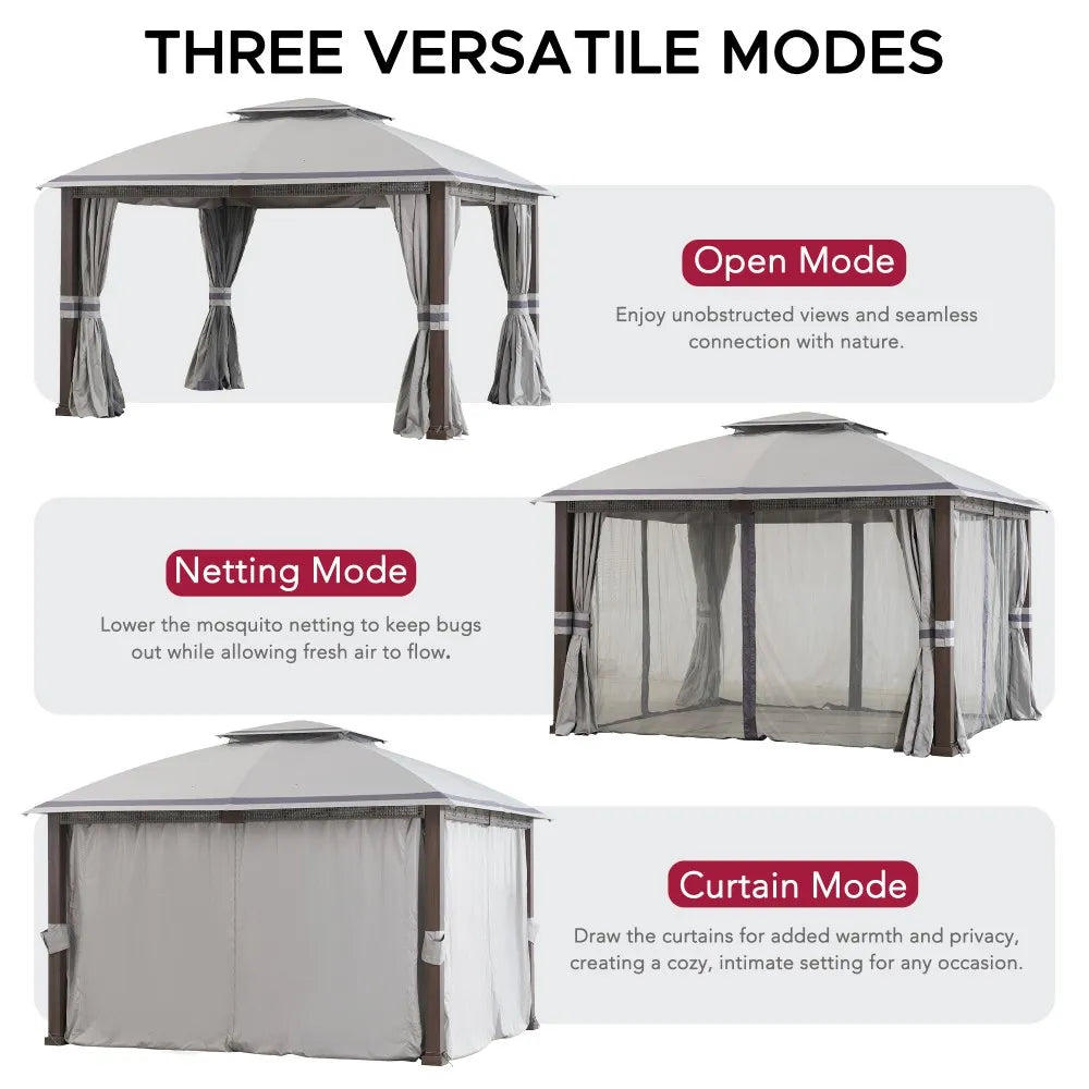 SUNJOY 11x13 Soft Top Gazebo with 2-Tier Canopy, Netting, Curtains and Hook - Gray