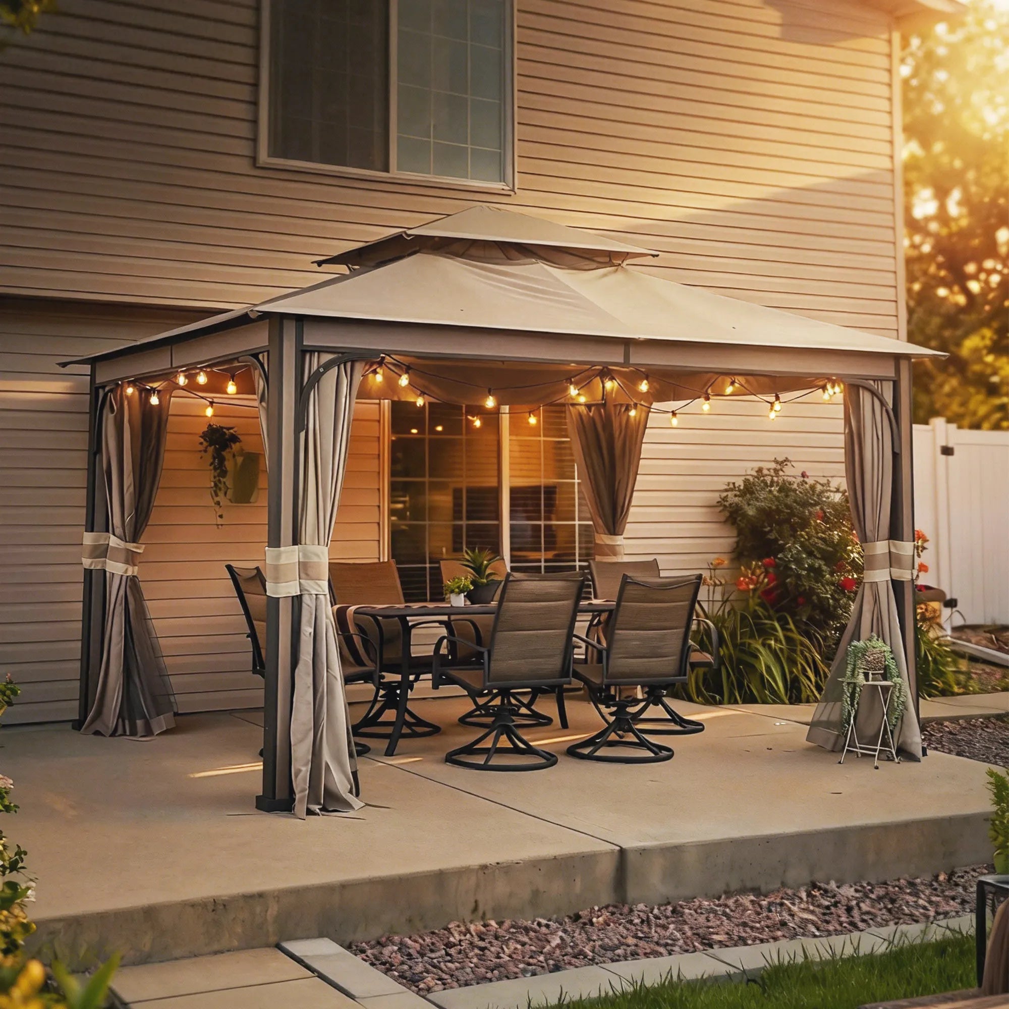 SUNJOY 11x13 Soft Top Gazebo Outdoor Patio Steel Frame 2-Tier Backyard Gazebo with Netting, Curtains and Hook