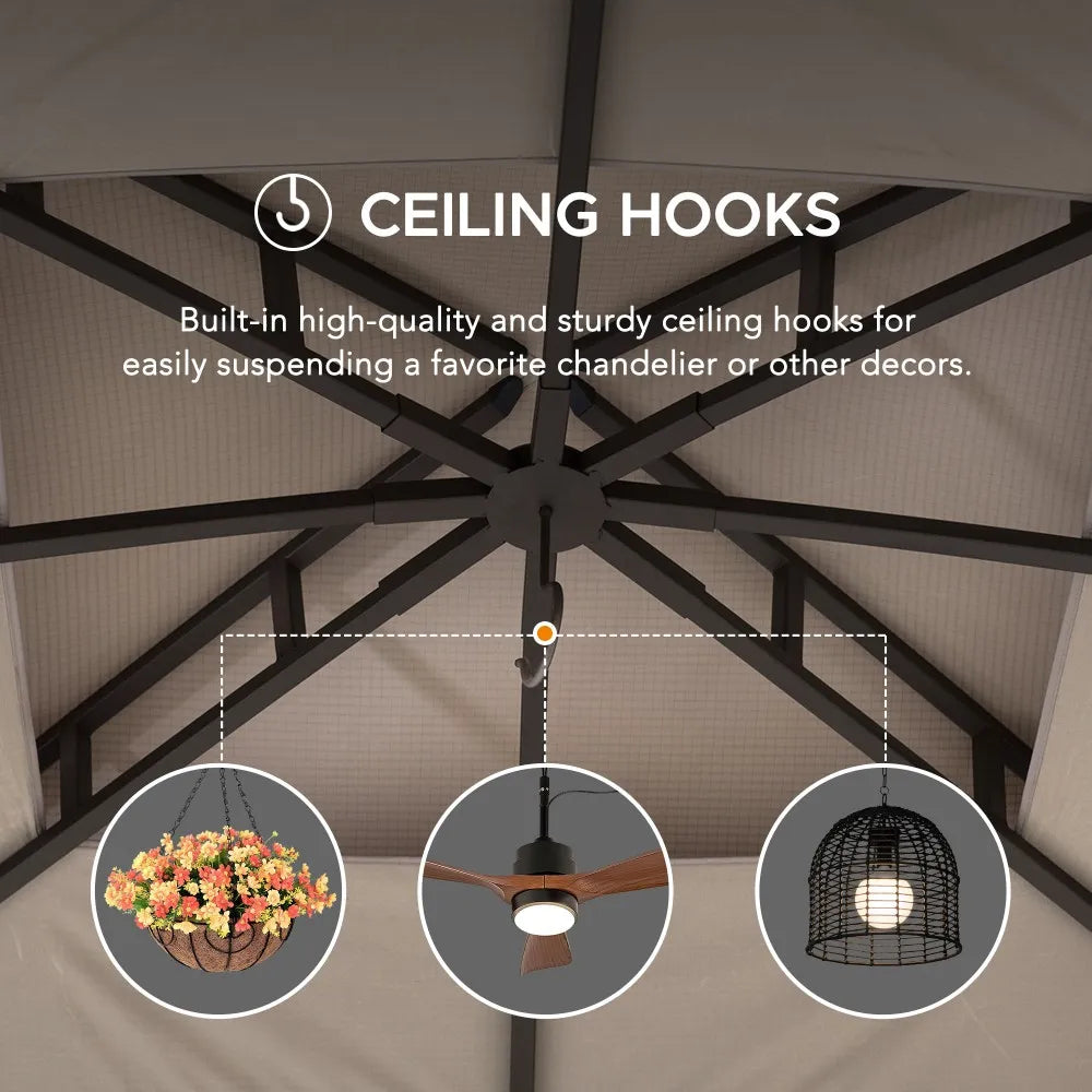 SUNJOY Outdoor Patio Steel Frame 11x13 Gazebo 2-Tier Soft Top Gazebo with Netting and Curtains