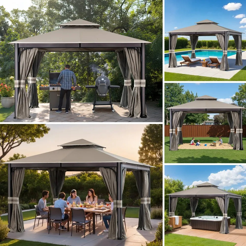 SUNJOY Outdoor Patio Steel Frame 11x13 Gazebo 2-Tier Soft Top Gazebo with Netting and Curtains