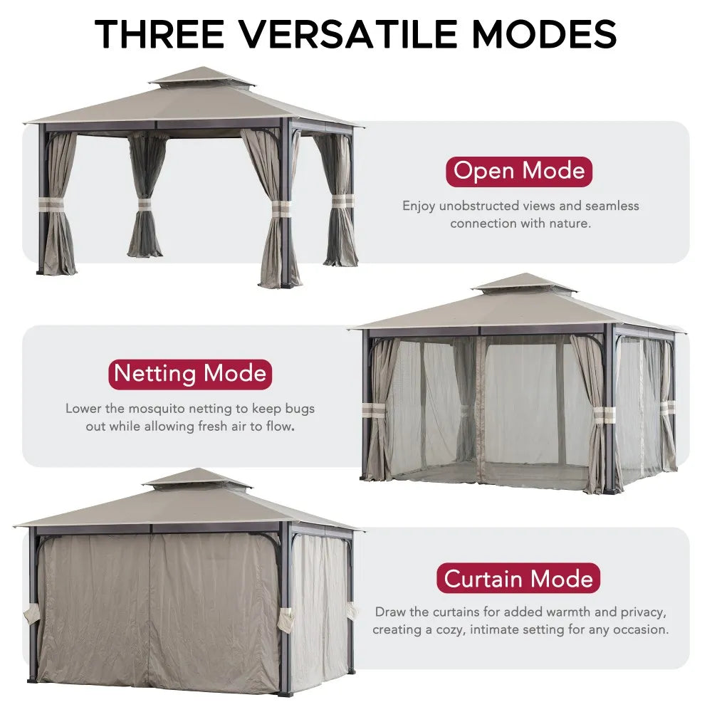 SUNJOY Outdoor Patio Steel Frame 11x13 Gazebo 2-Tier Soft Top Gazebo with Netting and Curtains