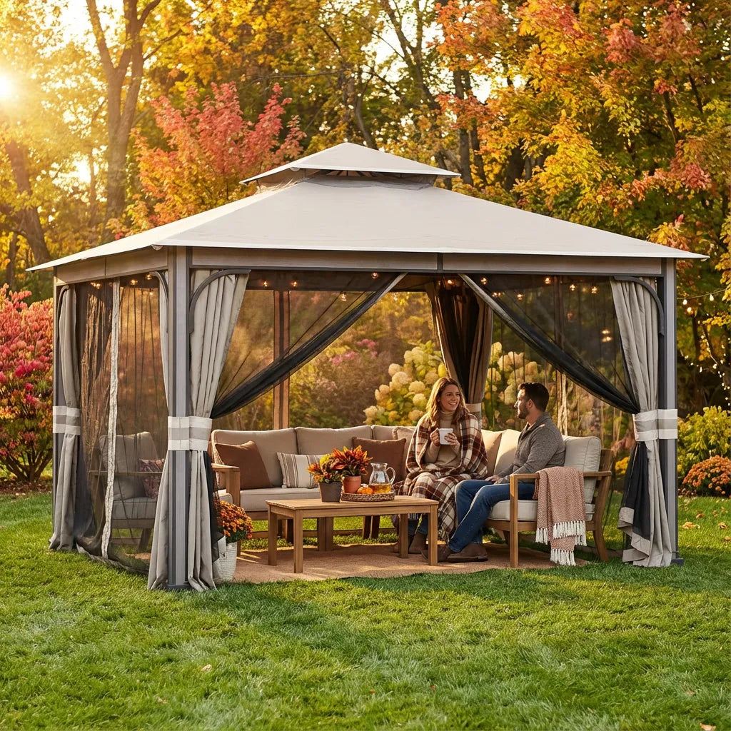 SUNJOY Outdoor Patio Steel Frame 11x13 Gazebo 2-Tier Soft Top Gazebo with Netting and Curtains - Light Gray