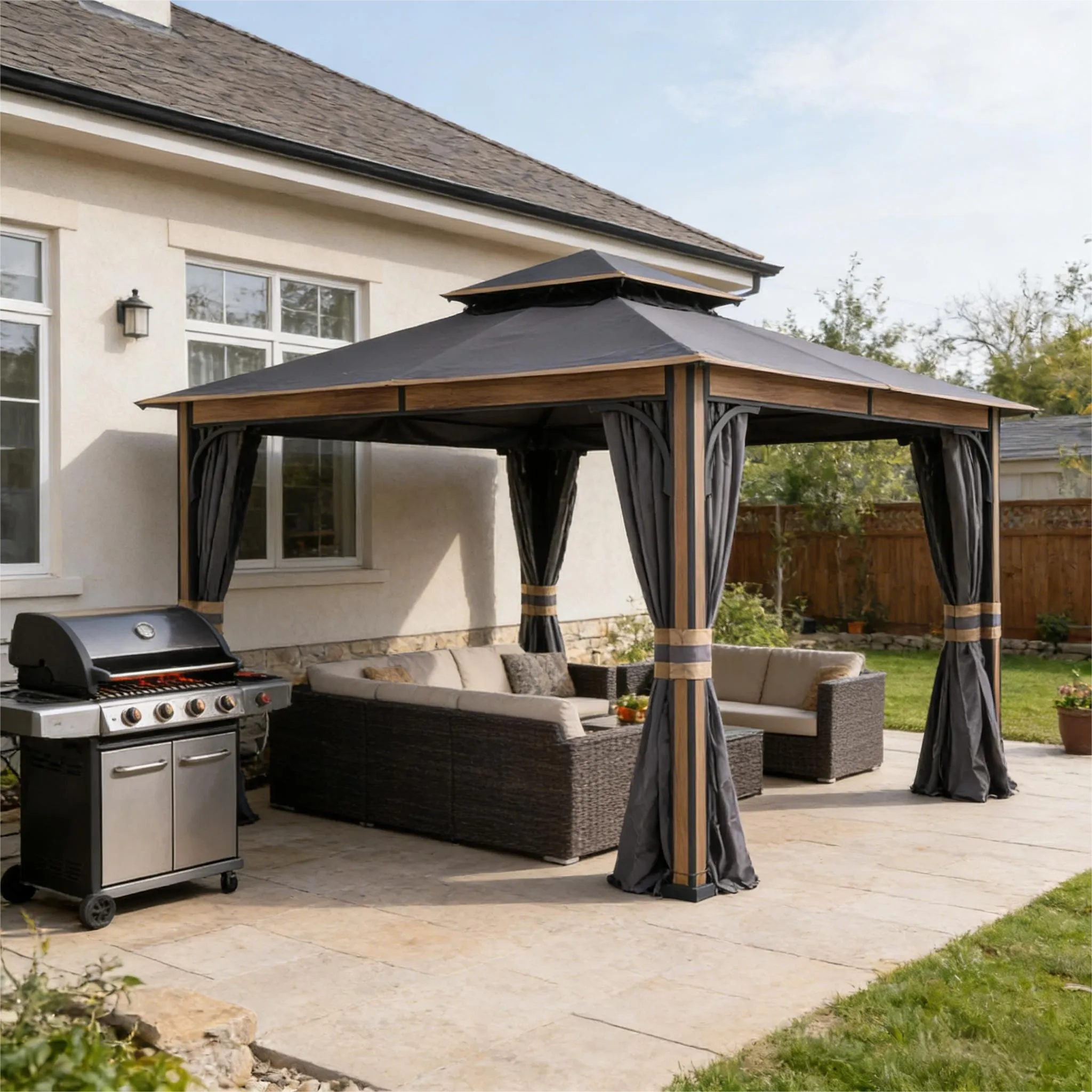 SUNJOY 11x13 Soft Top Gazebo Outdoor Patio Steel Frame 2-Tier Backyard Gazebo with Netting, Curtains and Hook