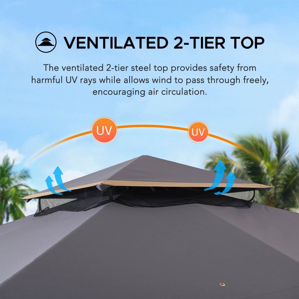 SUNJOY 11x13 Soft Top Gazebo Outdoor Patio Steel Frame 2-Tier Backyard Gazebo with Netting, Curtains and Hook