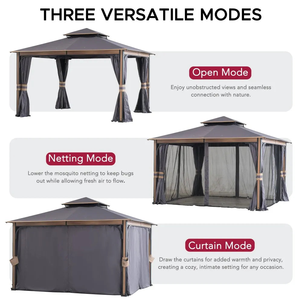 SUNJOY Outdoor Patio Steel Frame 11x13 Gazebo 2-Tier Soft Top Gazebo with Netting and Curtains
