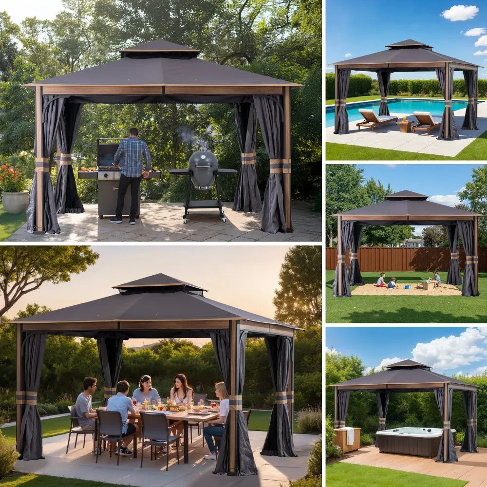 SUNJOY Outdoor Patio Steel Frame 11x13 Gazebo 2-Tier Soft Top Gazebo with Netting and Curtains