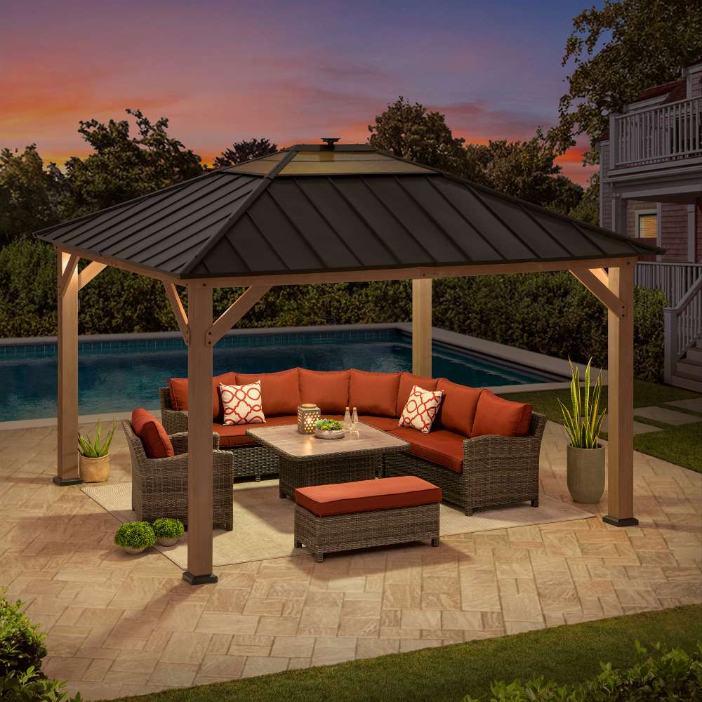 SUNJOY 11x13 Wooden Gazebo with Solar Panel, LED Lights and Ceiling Hook