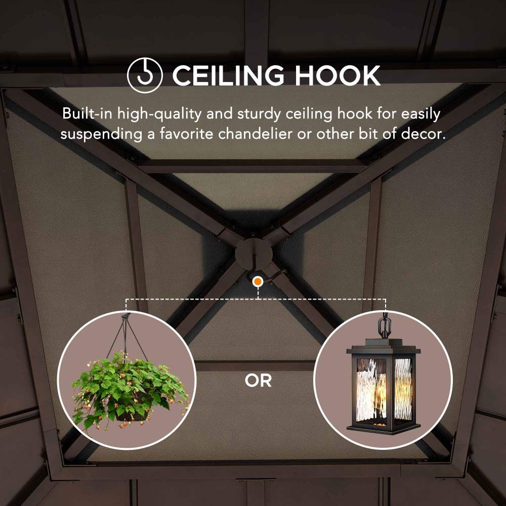 SUNJOY 9x9 Cedar Gazebo with Brown Metal Roof and Ceiling Hook.