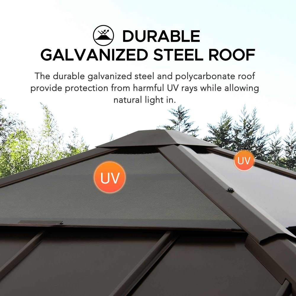 SUNJOY 9x9 Cedar Gazebo with Brown Metal Roof and Ceiling Hook.