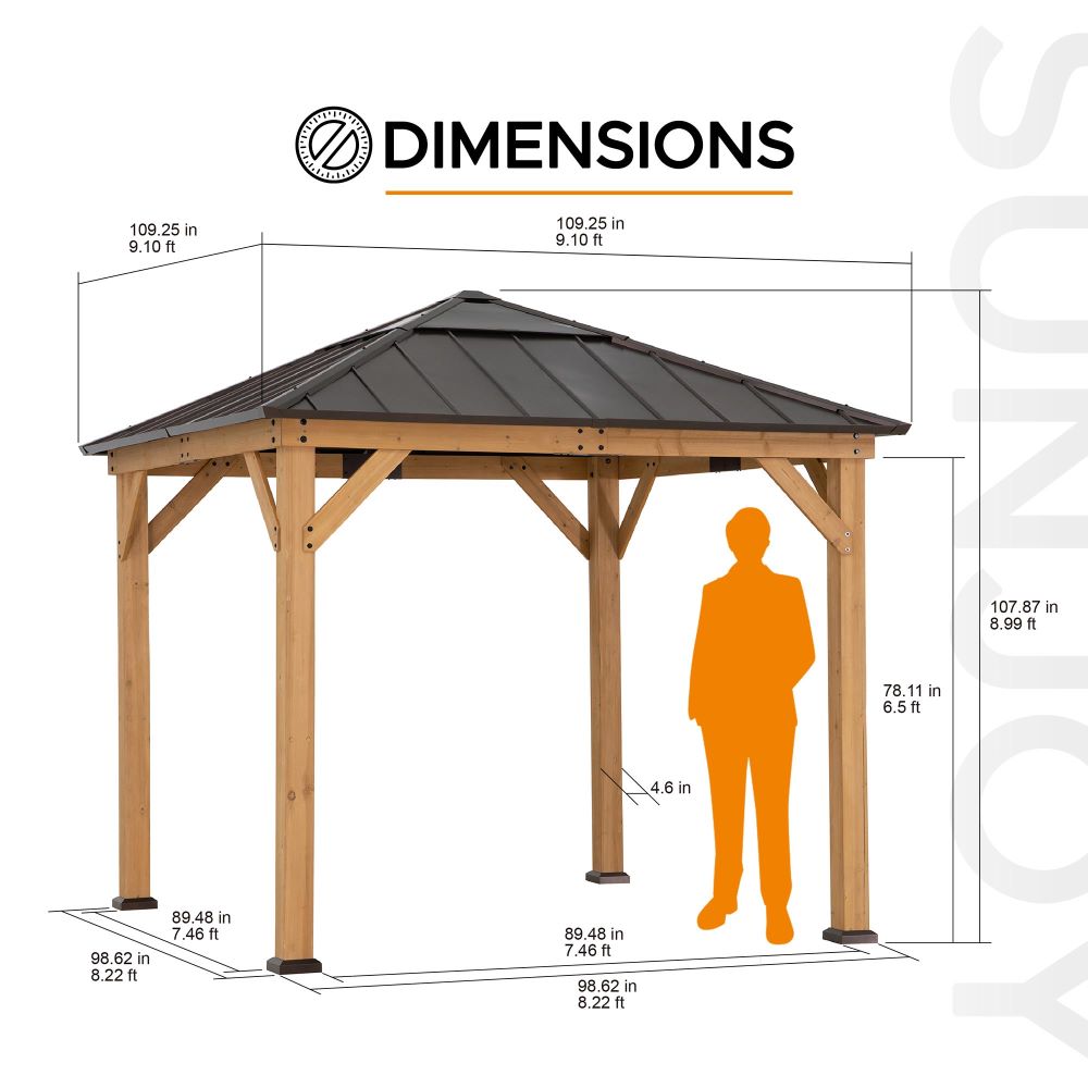 SUNJOY 9x9 Cedar Gazebo with Brown Metal Roof and Ceiling Hook.