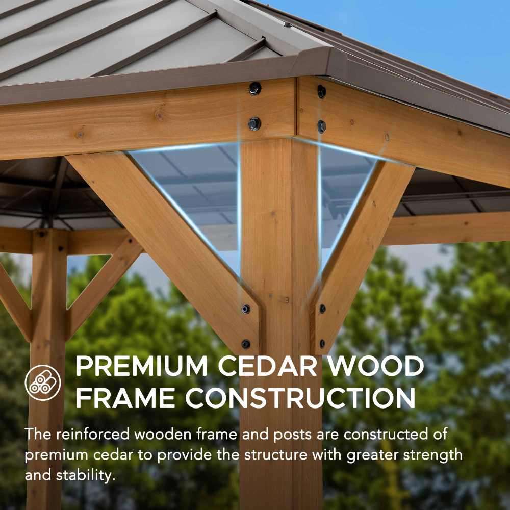 SUNJOY Hard Top Gazebo, 11 x 11 Wooden Gazebo, Cedar Framed Gazebo with Steel Hip Roof and Polycarbonate Skylight
