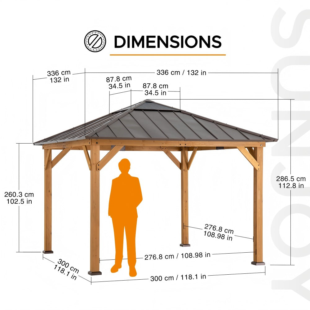 SUNJOY Hard Top Gazebo, 11 x 11 Wooden Gazebo, Cedar Framed Gazebo with Steel Hip Roof and Polycarbonate Skylight