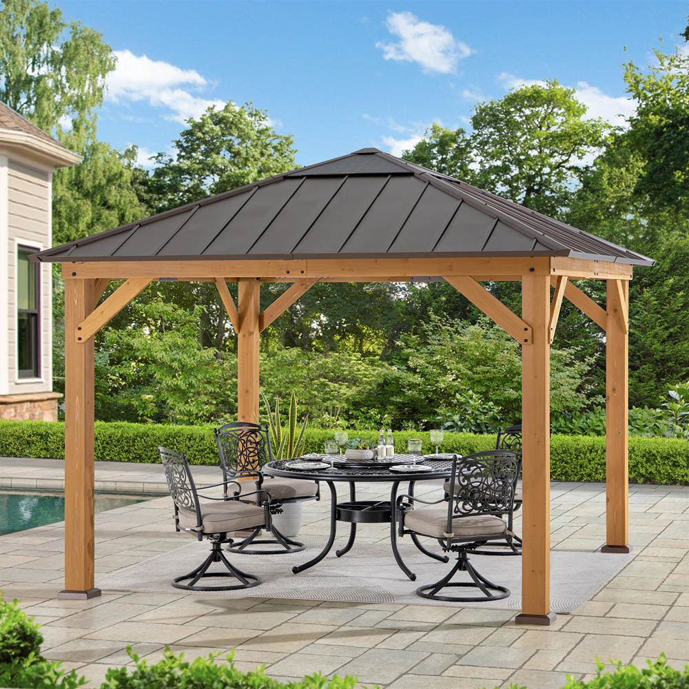 SUNJOY Hard Top Gazebo, 11 x 11 Wooden Gazebo, Cedar Framed Gazebo with Steel Hip Roof and Polycarbonate Skylight