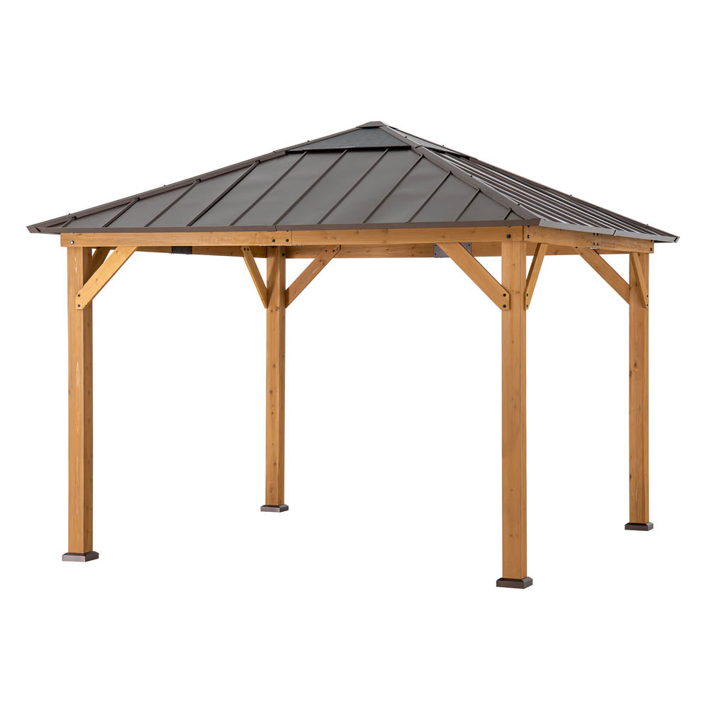 SUNJOY Hard Top Gazebo, 11 x 11 Wooden Gazebo, Cedar Framed Gazebo with Steel Hip Roof and Polycarbonate Skylight