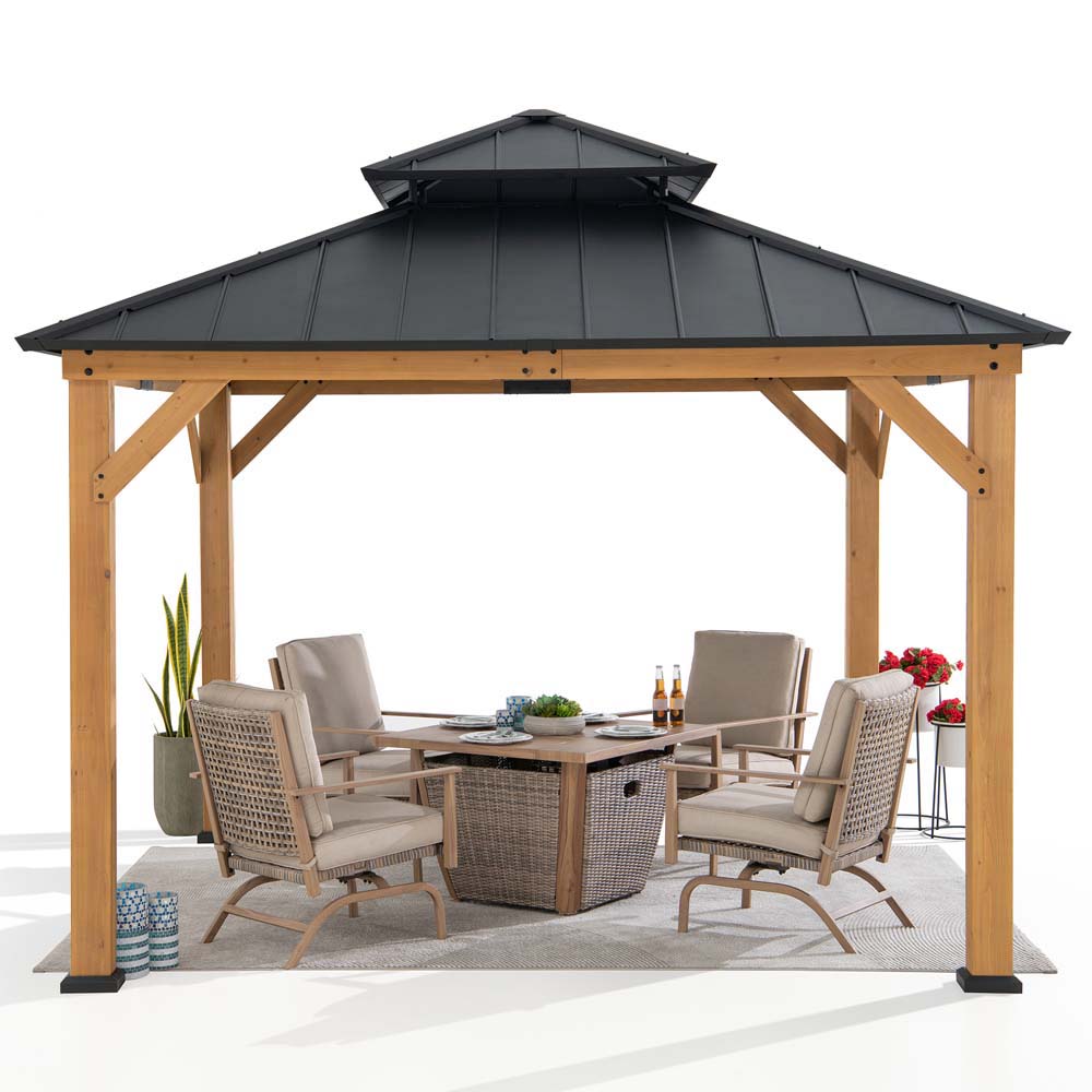 SUNJOY Outdoor Patio 11x11 2-Tier Wooden Frame Backyard Hardtop Gazebo with Ceiling Hook