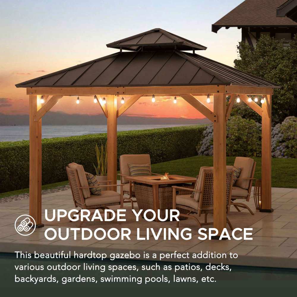 SUNJOY Outdoor Patio 11x11 2-Tier Wooden Frame Backyard Hardtop Gazebo with Ceiling Hook