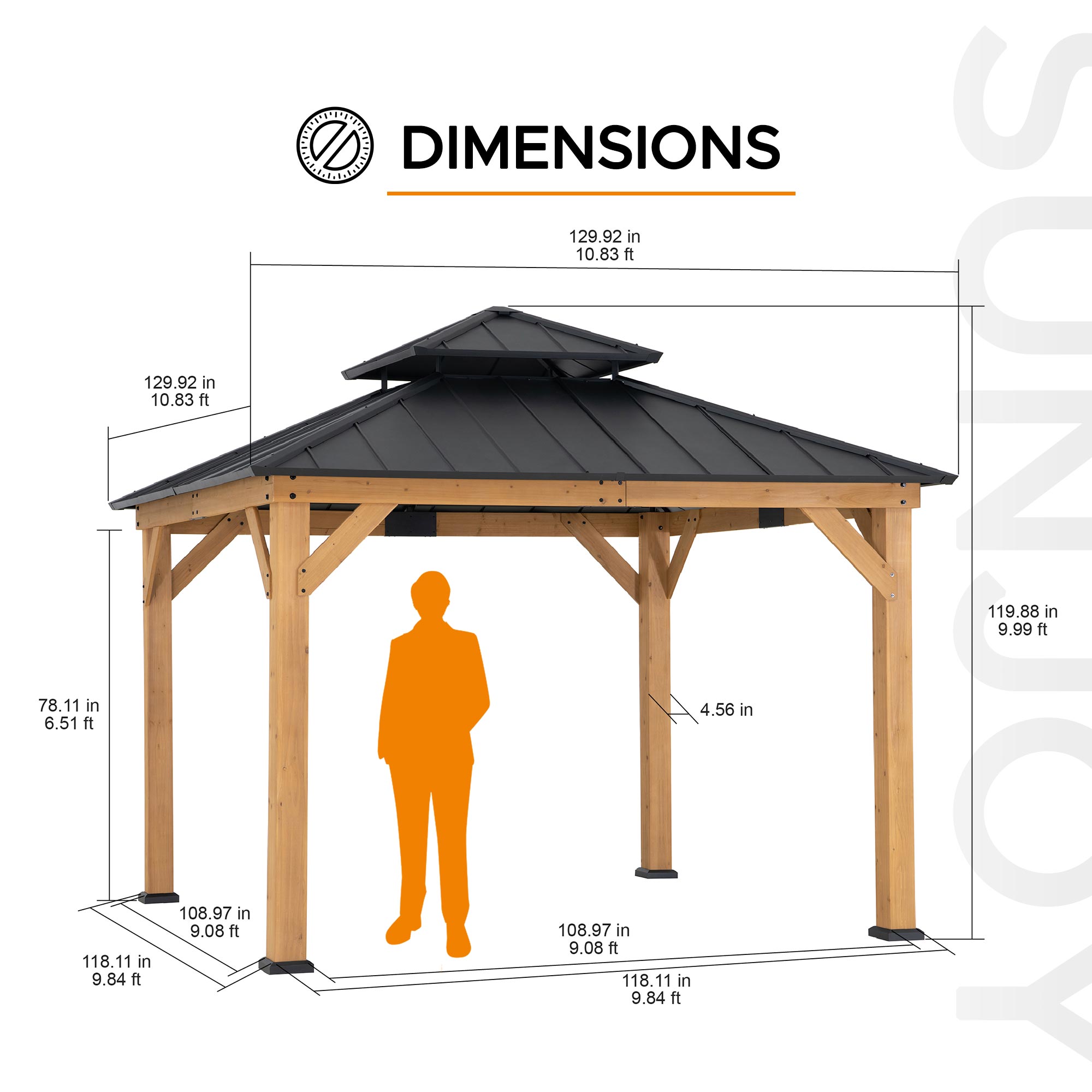 SUNJOY Outdoor Patio 11x11 2-Tier Wooden Frame Backyard Hardtop Gazebo with Ceiling Hook