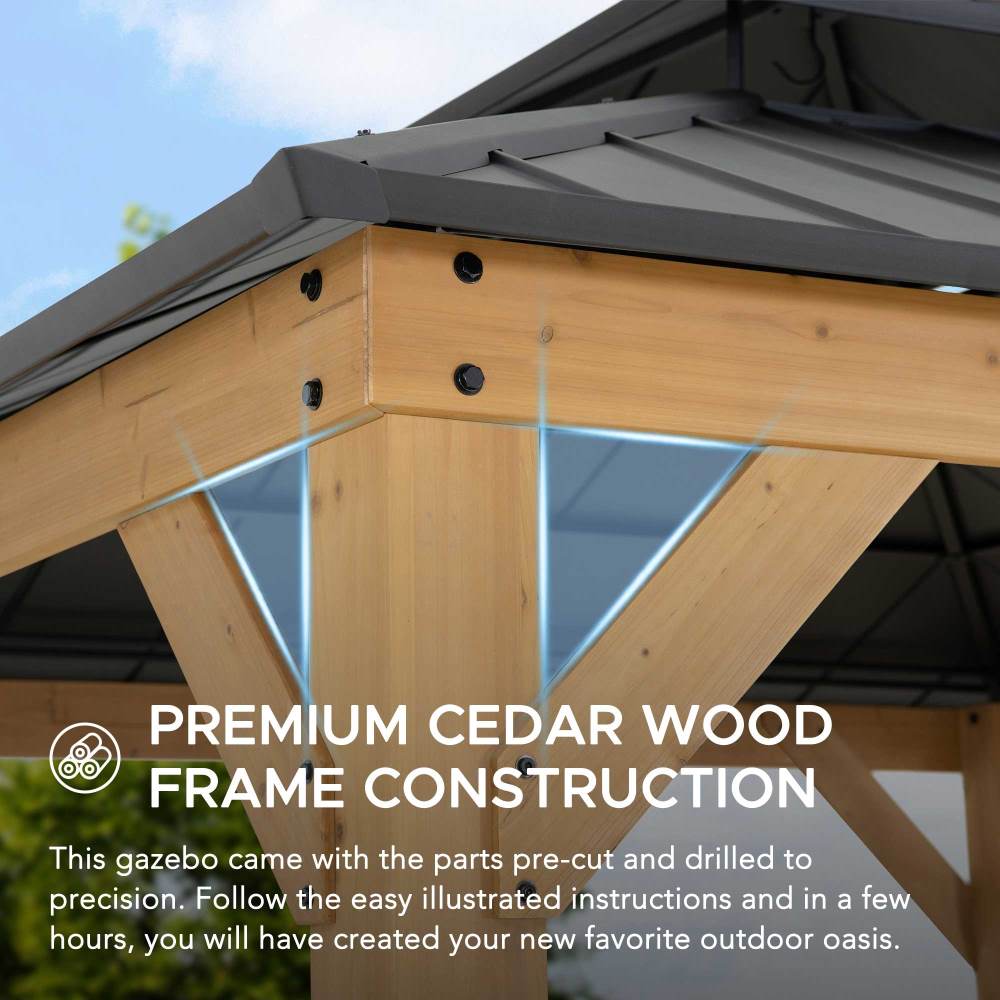 SUNJOY Outdoor Patio 11x11 2-Tier Wooden Frame Backyard Hardtop Gazebo with Ceiling Hook