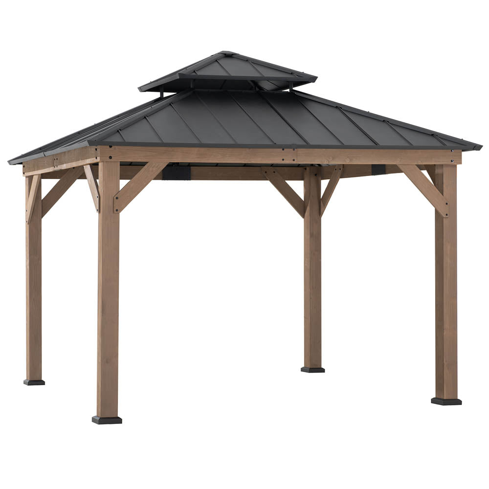 SUNJOY Outdoor Patio 11x11 2-Tier Wooden Frame Backyard Hardtop Gazebo with Ceiling Hook
