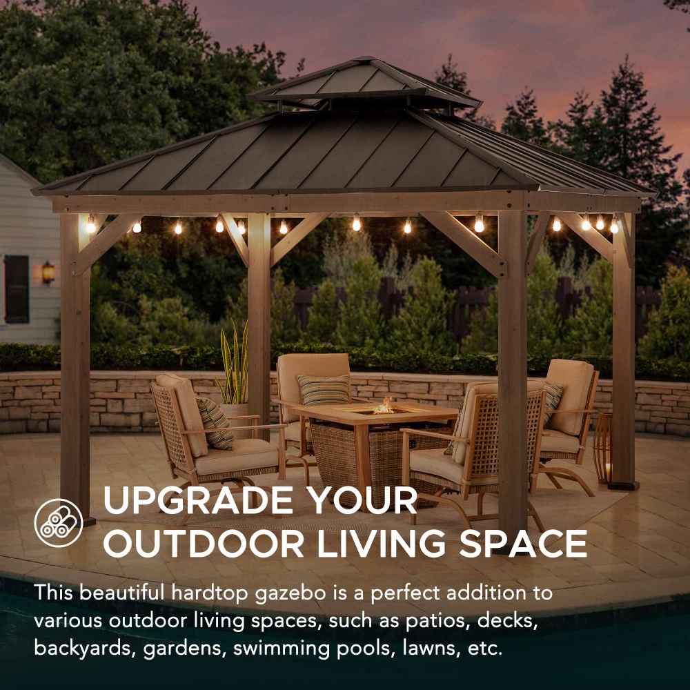 SUNJOY Outdoor Patio 11x11 2-Tier Wooden Frame Backyard Hardtop Gazebo with Ceiling Hook